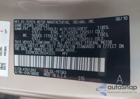 2011 Toyota Sienna Xle V6 z USA, uszkodzony, nr VIN 5TDYK3DC2BS045525